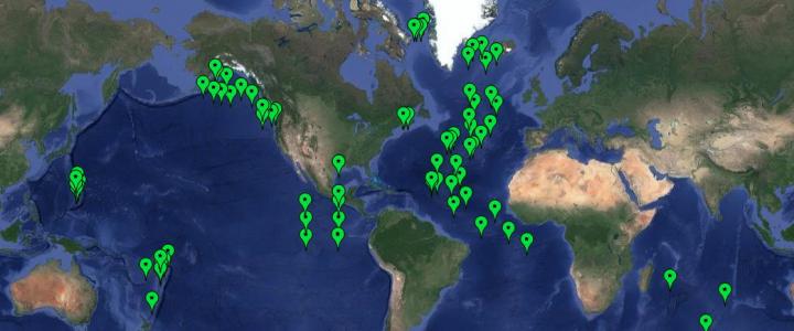 PMEL deep-ocean hydrophone mooring deployments map