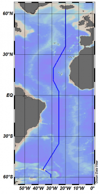Map of CLIVAR A16 section in 2013, surface to 6000m depth, 65N to 60S