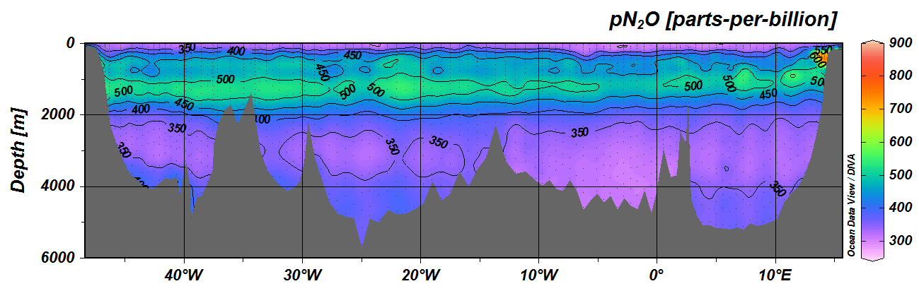 Partial pressure N2O (pN2O)  along CLIVAR A10 section along 30oS in 2010.