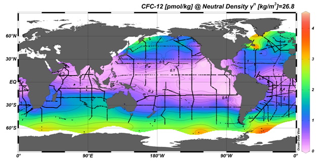 concentration of dissolved CFC-12 in the ocean at the neutral density level 26.8. Black dots indicate the location of stations where dissolved CFCs were measured as part of the World Ocean Circulation Experiment (WOCE). Dissolved CFCs highlight regions of the ocean where gases in the atmosphere can be carried on decadal time scales.