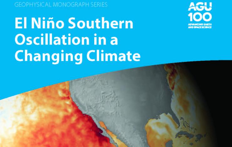Book cover of El Niño Southern Oscillation in a Changing Climate with a map of the global featuring the Pacific Ocean and the US with deep bands of red along the equator and west coast of the US highlighting an El Nino event a