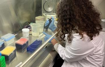 Chloe Rabinowitz pipetting at a biosafety cabinet