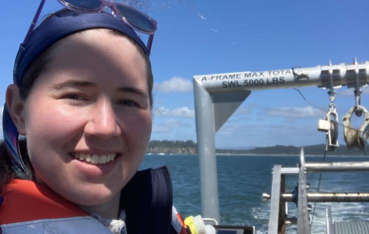 Selfie of Ella Crotty on the OCNMS R/V Storm Petrel