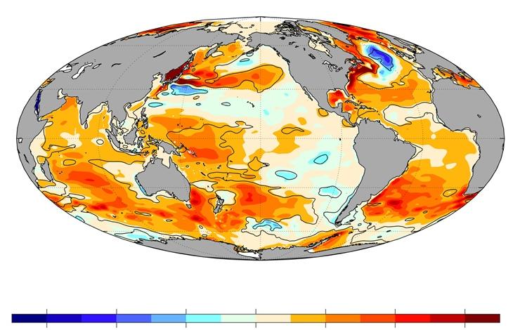 Upper-ocean heat content anomaly linear trends for 1993–2019