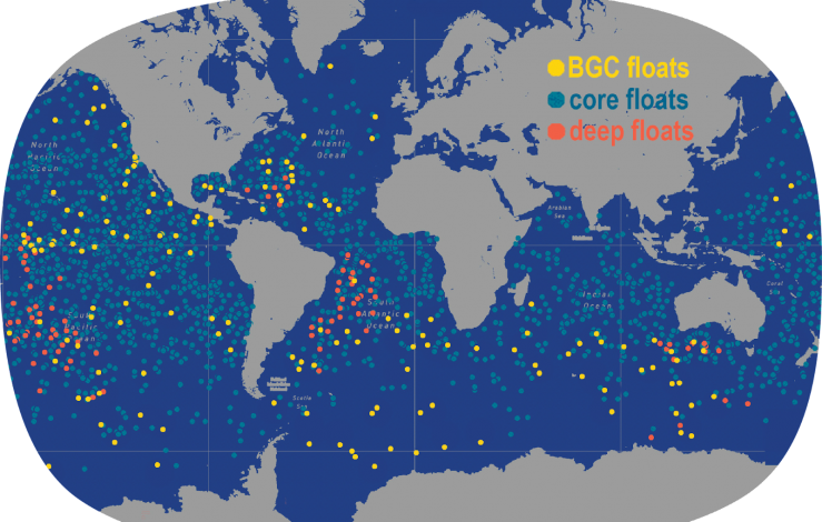 Global map with thousands of orange, yellow and blue dots highlighting the three different types of Argo floats in the ocean