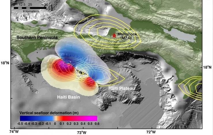 3D bathymetric map of Haiti with model results overlain showing vertical seafloor deformation in red and blue along a fault line with 
