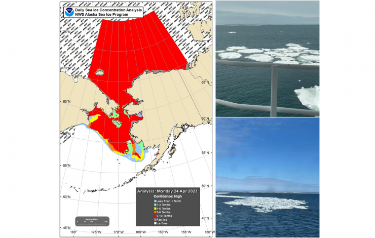 Map with red extent of sea ice covering part of the Bering Sea and the Arctic region. Images on the right show floating sea ice in the water. 
