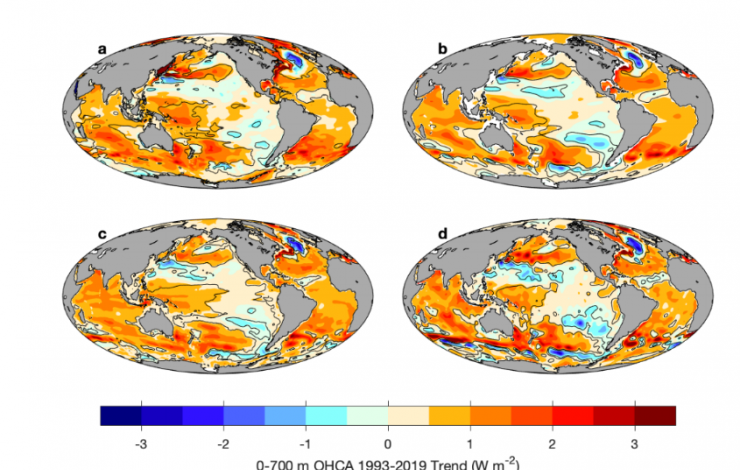 Four global maps showing ocean heat anomaly trends for 1993-2019 with red to blue color bar