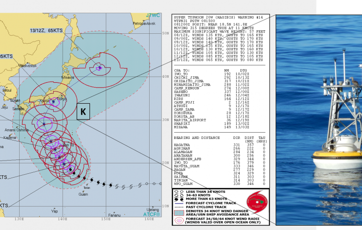 The location of the KEO moored buoy shown on the right is denoted with a “K” on the Joint Typhoon Warning Center’s map of the forecasted Super Typhoon HAGISIB track. 