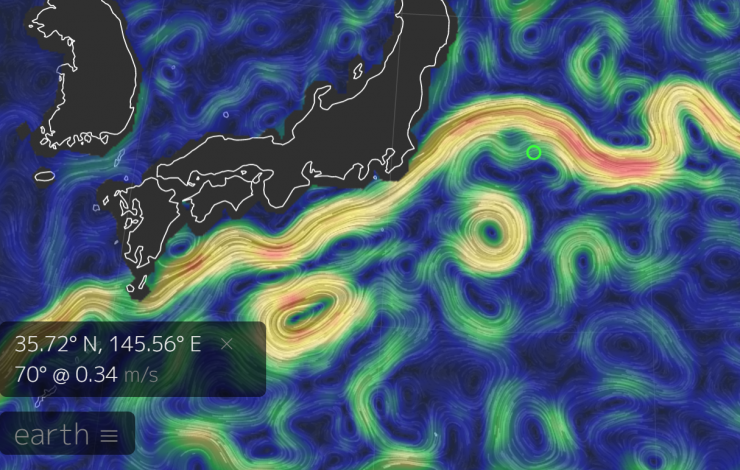 Ocean surface map showing currents and eddies off the coast of Japan in the Kuroshio Extension current.