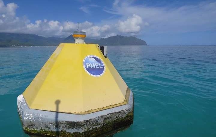 Yellow octagonal shaped buoy in greenish-blue clear water with clouds i the sky and land in the background