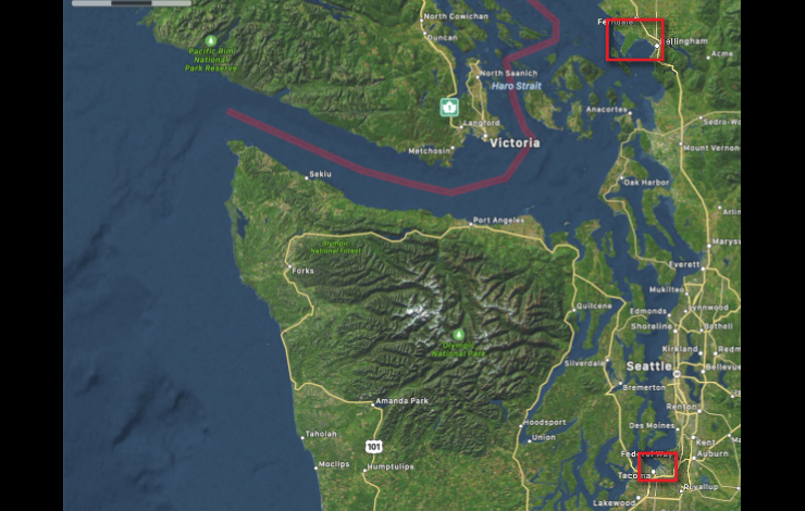 Map of western Washington state showing the coastal areas, Strait of Juan De Fuca and Puget Sound. Locations of Bellingham and Tacoma forecast models. Red rectangles cover Tacoma and Bellingham, WA show inundation model computational domains. 