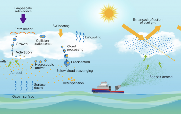 Diagram of ocean and atmosphere depicting the key aerosol, cloud, dynamics, and radiation processes in the marine boundary layer