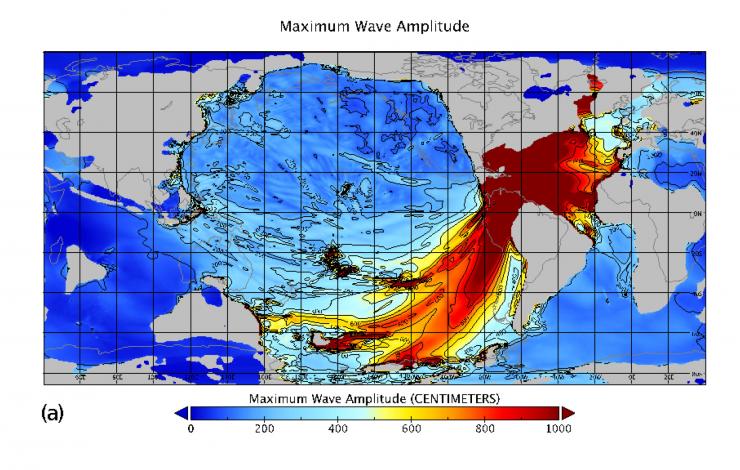 Global map showing a deep red swath that represents close to 1000 centimeters wave amplitude over the Yucatan Peninsula filling what is now the Atlantic Ocean and southeast Pacific Ocean