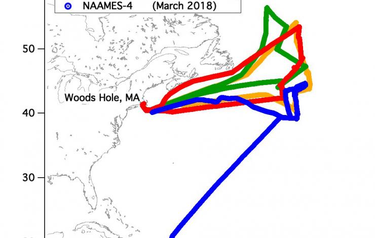 Map of four different cruise line tracks in the North Atlantic Ocean during the different research cruises. Three of the four research cruises in November 2015, May 2016, and September 2017 started and ended in Woods Holes, MA. The last cruise in March 2018 traveled between Woods Hole, MA to Puerto Rico. 