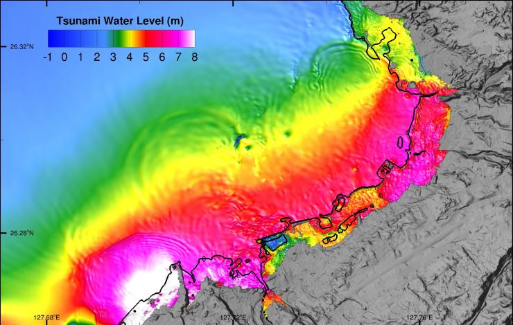 Example of tsunami inundation simulation shows model amplitudes during tsunami flooding computation at Okinawa study site, 57 min:15 sec after generation by a local earthquake source. 