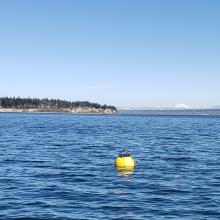 Yellow surface buoy floating in the water during testing of the first flotation controllable ocean mooring system