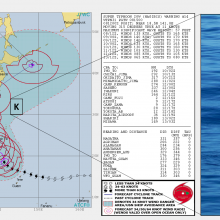 The location of the KEO moored buoy shown on the right is denoted with a “K” on the Joint Typhoon Warning Center’s map of the forecasted Super Typhoon HAGISIB track. 