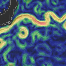 Ocean surface map showing currents and eddies off the coast of Japan in the Kuroshio Extension current.