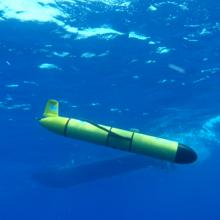 Picture of a Teledyne Webb Research Slocum glider equipped with a hydrophone to record ocean sound. 