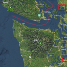 Map of western Washington state showing the coastal areas, Strait of Juan De Fuca and Puget Sound. Locations of Bellingham and Tacoma forecast models. Red rectangles cover Tacoma and Bellingham, WA show inundation model computational domains. 