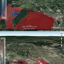 Two model simulations for a test tsunami scenarios for Bellingham and Tacoma, WA. The forecast models is from a M9.0 scenarios of Cascadia Event 3 hours after event showing wave amplitude in red. 